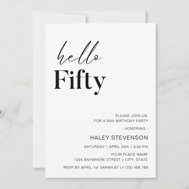 Invitación Hola 50 Minimalistas blancos modernos 50 cumpleaño (Anverso)