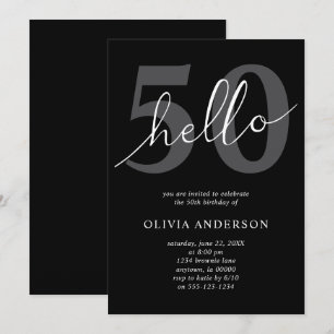 Invitación Hola 50   Moderno Chic Cumpleaños 50 Negro Fiesta