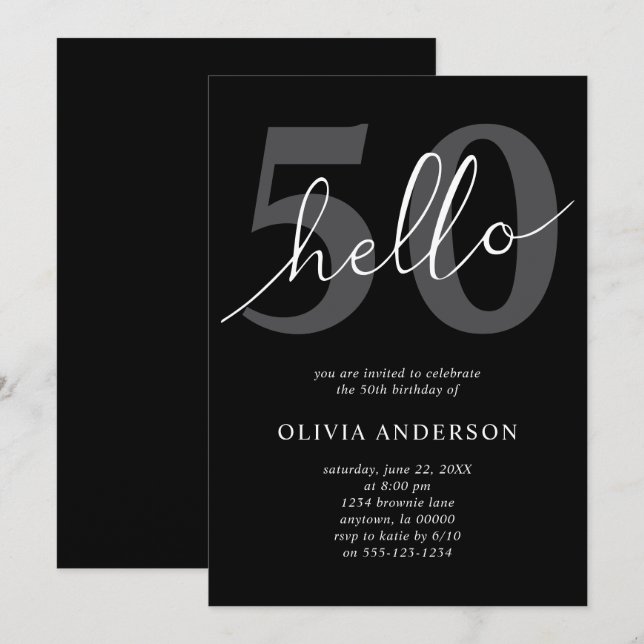 Invitación Hola 50 | Moderno Chic Cumpleaños 50 Negro Fiesta (Anverso / Reverso)