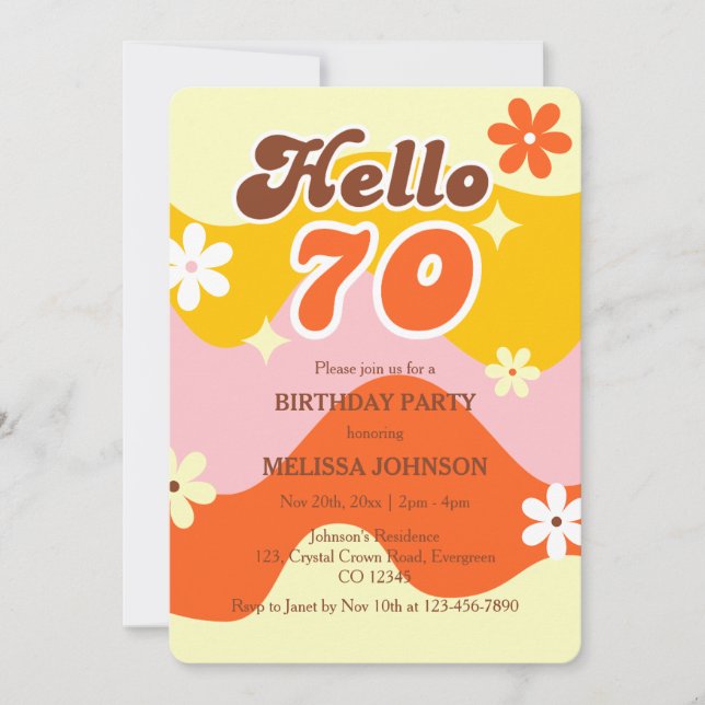 Invitación Hola 70 Ola Retro Groovy Cumpleaños de Flor  (Anverso)