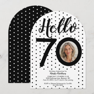 Invitación Hola, 70 Photo Black & White Dots Cumpleaños