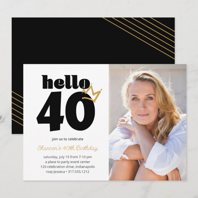 Invitación Hola a 40 años, Personalizado de la Corona. (Anverso / Reverso)