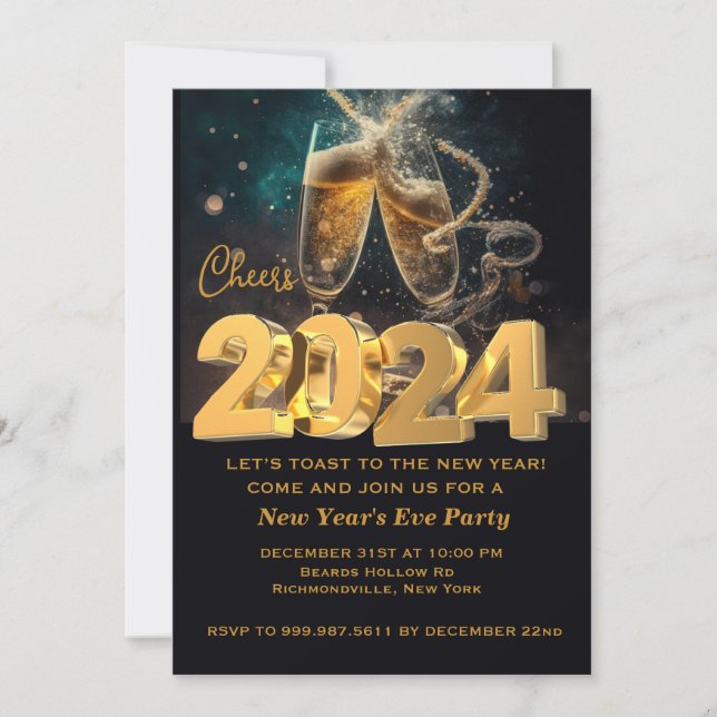 Invitación Hola Año Nuevo Año Negro Oro Moderno Personalizado (Anverso)