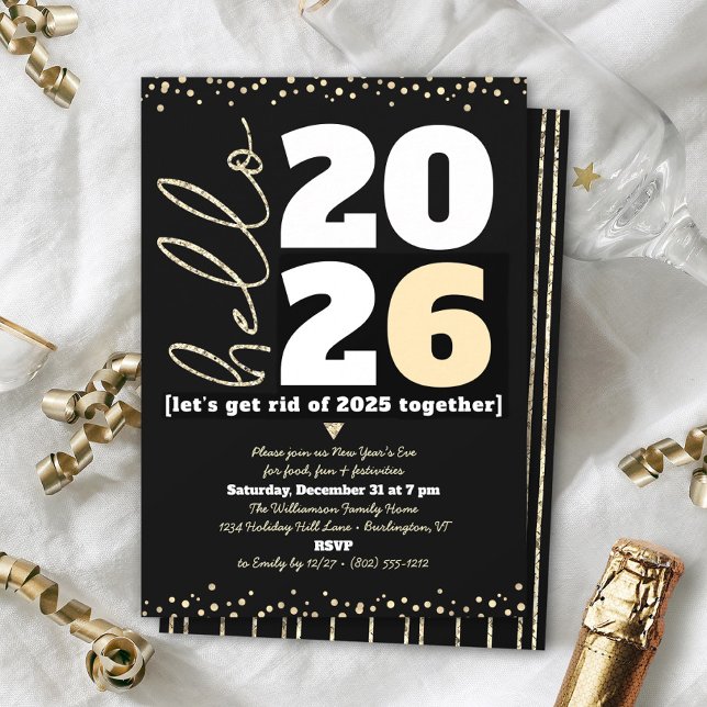 Invitación Hola Año Nuevo Año Negro Oro Moderno Personalizado (Subido por el creador)