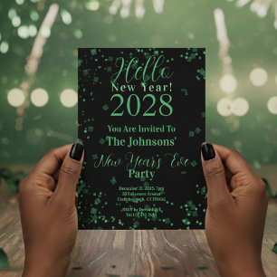 Invitación ¡Hola Año Nuevo! Nochevieja Verde Negro Brillante