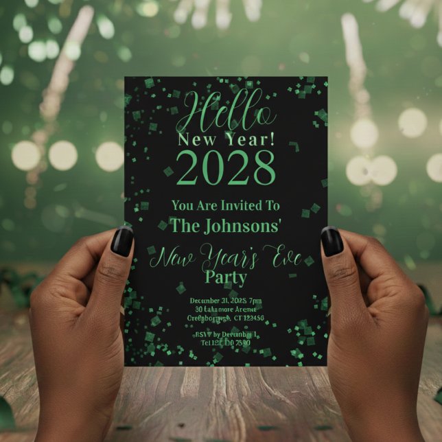 Invitación ¡Hola Año Nuevo! Nochevieja Verde Negro Brillante (Subido por el creador)