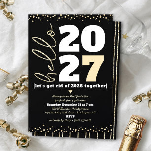Invitación Hola Año Nuevo Oro Negro Moderno Personalizado Año