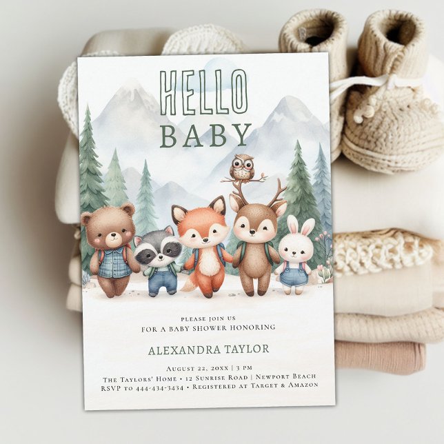 Invitación Hola Baby Adventure Woodland Animals Baby Shower (woodland adventure gender neutral baby shower invitation mountain forest cute animals hiking treck)