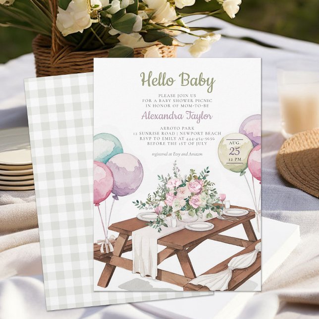 Invitación Hola Baby Balloons Picnic Park Neutral Shower (picnic baby shower invitation park summer watercolor balloons cute fun casual classy gender neutral)