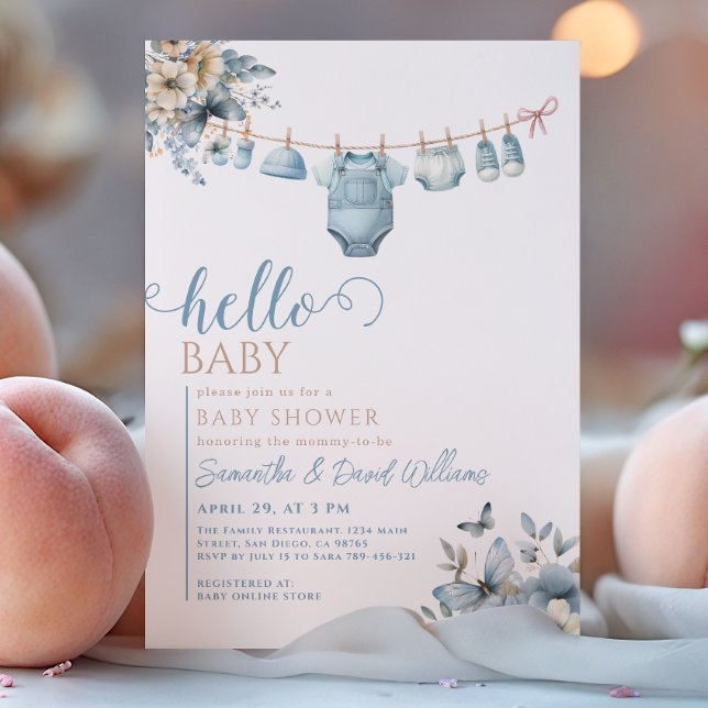 Invitación Hola Baby Blue Flower Butfly Baby Shower (Subido por el creador)