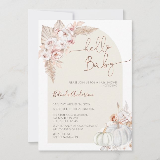 Invitación Hola Baby Boho Pampas Grasa Pumpkin Baby Shower (Anverso)