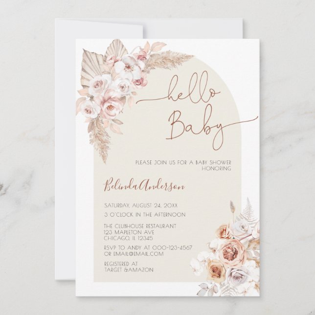 Invitación Hola Baby Boho Pampas Grass Baby Shower (Anverso)