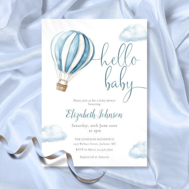 Invitación Hola Baby Boy Blue Hot Air Balloon Baby Shower (Hello Baby Boy Blue Hot Air Balloon Baby Shower Invitation)