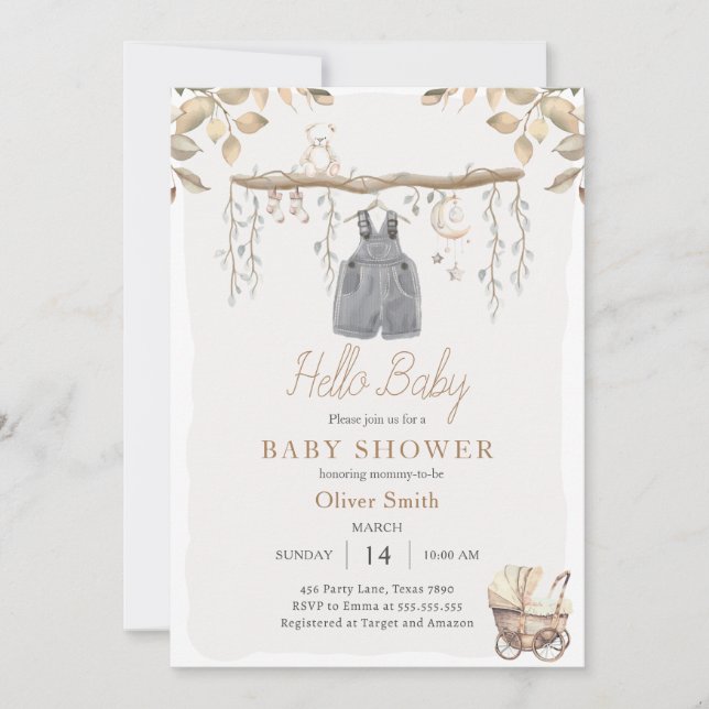 Invitación Hola Baby Boy Clothes Nursery Boho Baby Shower (Anverso)