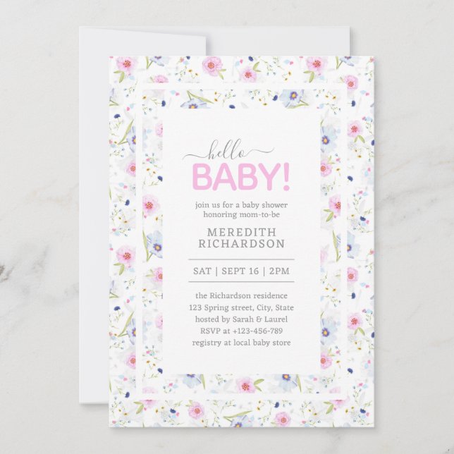 Invitación Hola Baby Cute Floral Rosa Chica Azul Baby Shower (Anverso)
