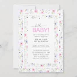 Invitación Hola Baby Cute Floral Rosa Chica Azul Baby Shower