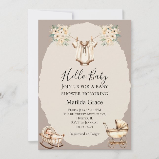 Invitación Hola, Baby Cute Neutral (Anverso)