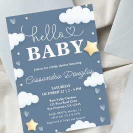 Invitación Hola Baby Dusty Blue Clouds Baby Shower moderno
