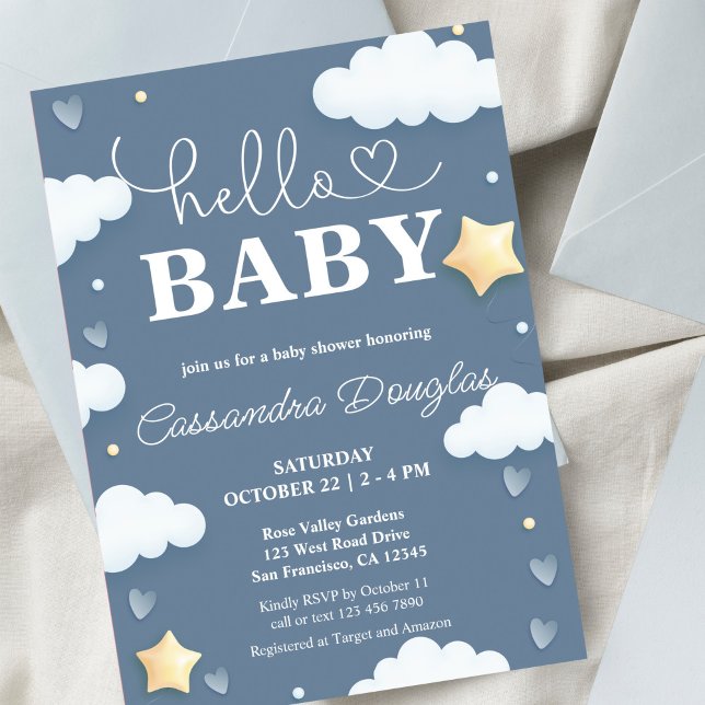 Invitación Hola Baby Dusty Blue Clouds Baby Shower moderno (Subido por el creador)