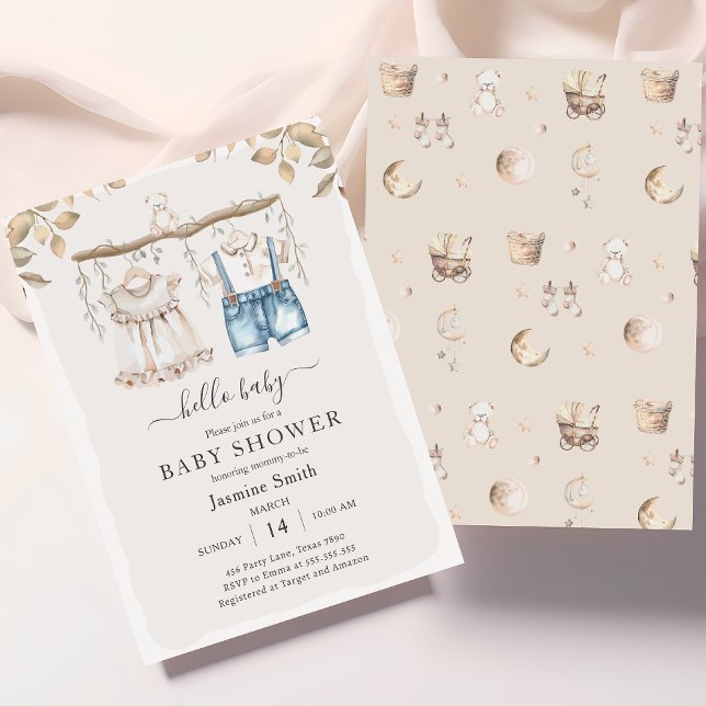 Invitación Hola Baby Elegant Boho Clothes Baby Shower (Subido por el creador)