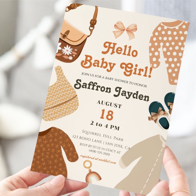 Invitación Hola Baby Girl Clothes Retro Earthy Baby Shower (Subido por el creador)