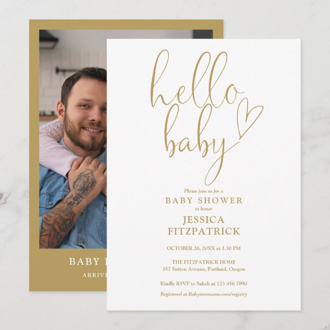 Invitación Hola Baby Gold Script Heart Photo Baby Shower (Anverso / Reverso)