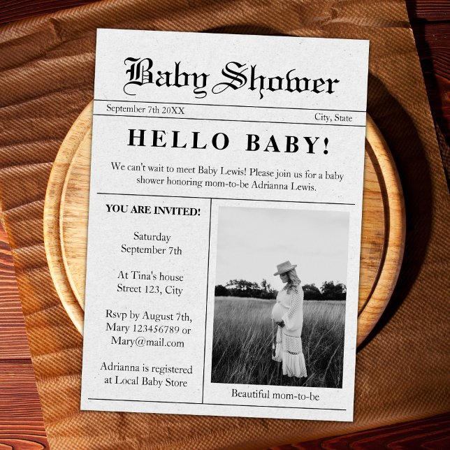Invitación Hola Baby Newspaper Foto Baby Shower (newspaper style baby shower invitation photo unique hello baby gender neutral)