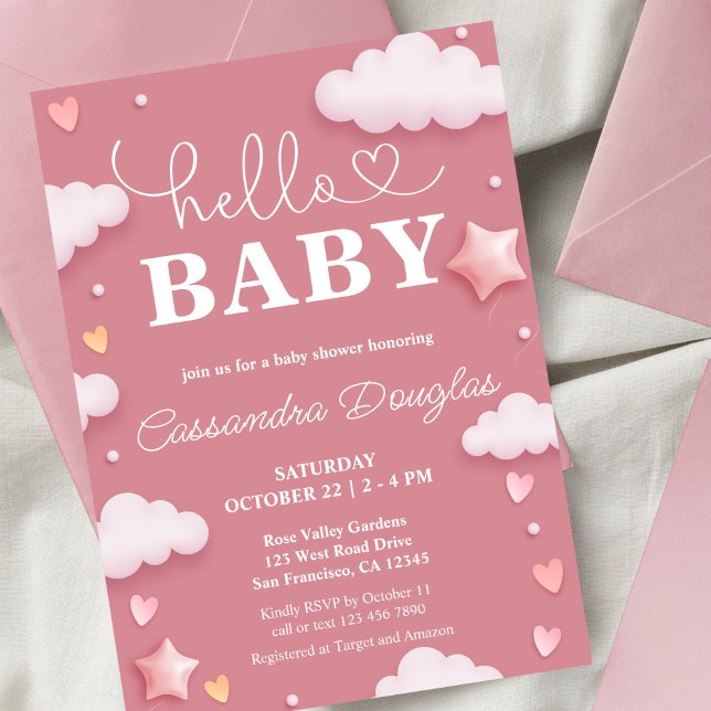 Invitación Hola Baby Pink Clouds Baby Shower moderno (Subido por el creador)