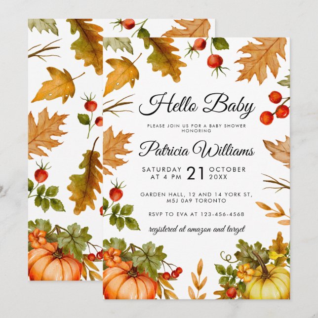 Invitación Hola Baby Pumpkin Foliage Autumn Baby Shower (Anverso / Reverso)