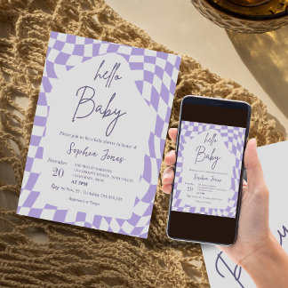 Invitación Hola Baby Purple Checkered Gingham | ducha de bebé