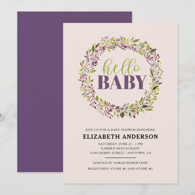 Invitación Hola Baby Purple Wreath Baby Shower (Anverso / Reverso)