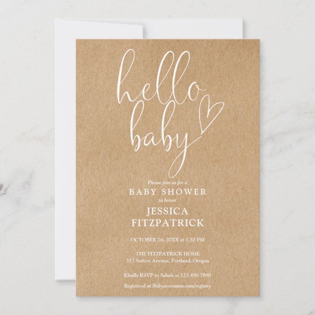 Invitación Hola Baby Script Boho Kraft Baby Shower (Anverso)