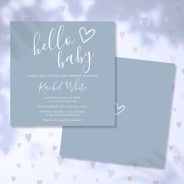 Invitación Hola Baby Shower Baby Boy Dusty Blue Cute Heart (Hello Baby Shower Baby Boy Dusty Blue Cute Heart Invitation)