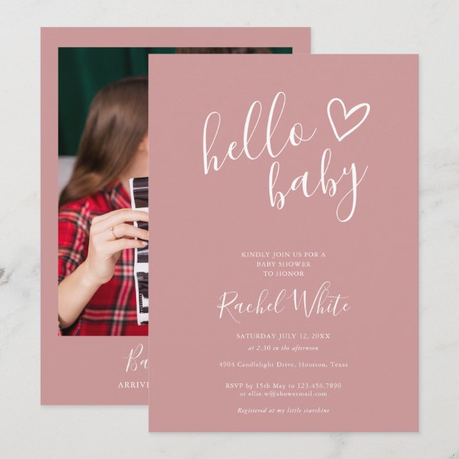 Invitación Hola Baby Shower Dusty Rosa Rosa Baby Girl Photo (Anverso / Reverso)