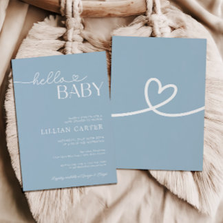 Invitación Hola Baby Shower Heart Baby Blue Minimalista