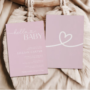 Invitación Hola Baby Shower Heart Baby Pink Minimalista
