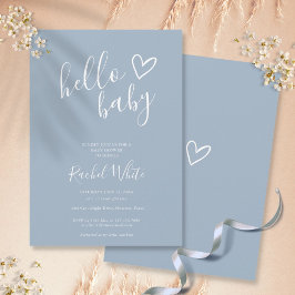 Invitación Hola Baby Shower Heart Dusty Blue Minimalista