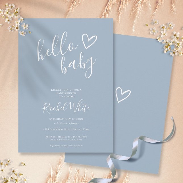 Invitación Hola Baby Shower Heart Dusty Blue Minimalista (Subido por el creador)