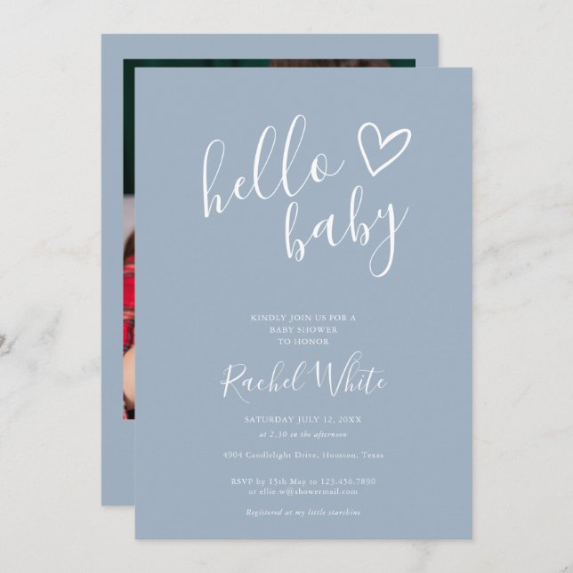 Invitación Hola Baby Shower Heart Dusty Blue Photo (Anverso / Reverso)