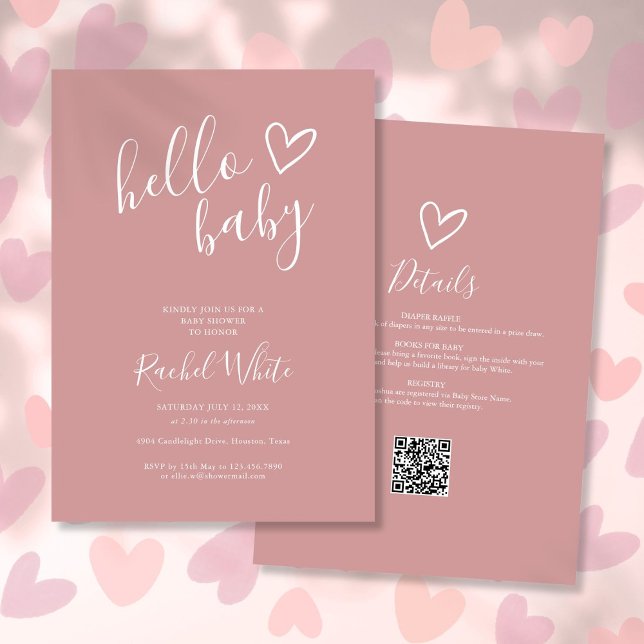 Invitación Hola Baby Shower Todo En Uno Polvo Rosa Rosado (Hello Baby Shower All In One Dusty Rose Pink Invitation)