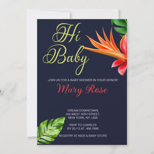 Invitación Hola, Baby Tropical Leaves y Baby Shower de flores (Anverso)