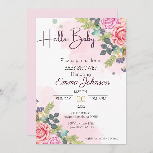 Invitación Hola Bebé Aquarela Floral Baby Shower (Anverso / Reverso)