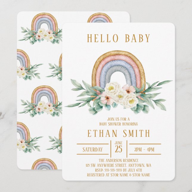 Invitación Hola Bebé Arcoíris Floral Acuarela Shower de Bebé (Anverso / Reverso)