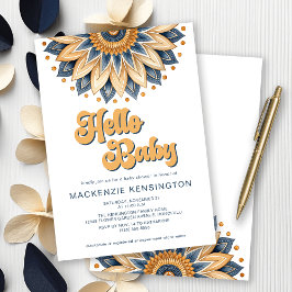 Invitación Hola bebé azul oro retro Hippie Baby Shower
