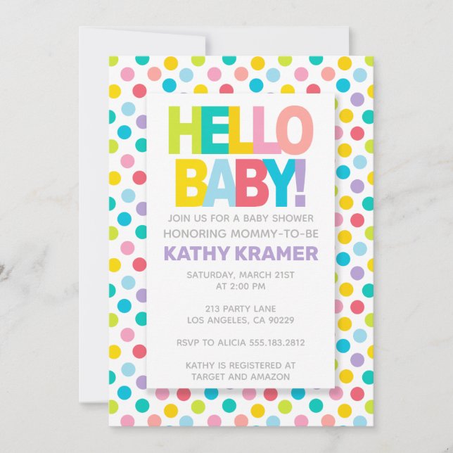 Invitación ¡HOLA BEBÉ! Baby Shower colorido (Anverso)