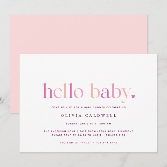 Invitación Hola, bebé | Baby Shower de Chica simple rosa del  (Anverso / Reverso)