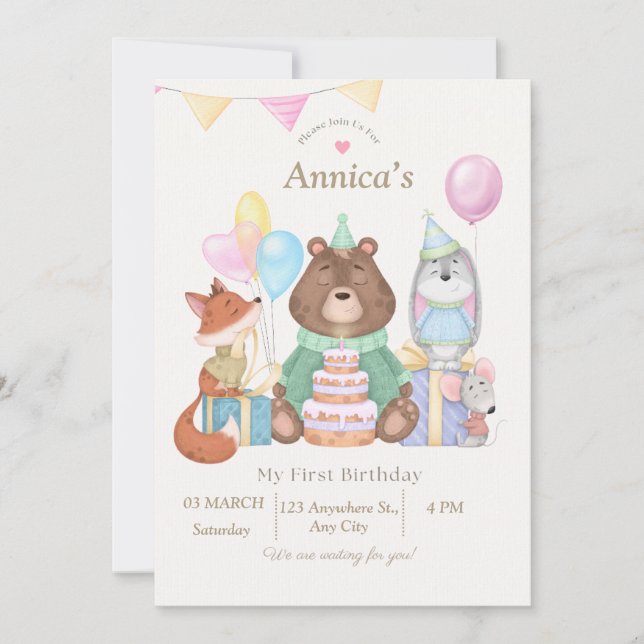 Invitación Hola, bebé | Bienvenida a bebé con un tema animal (Anverso)
