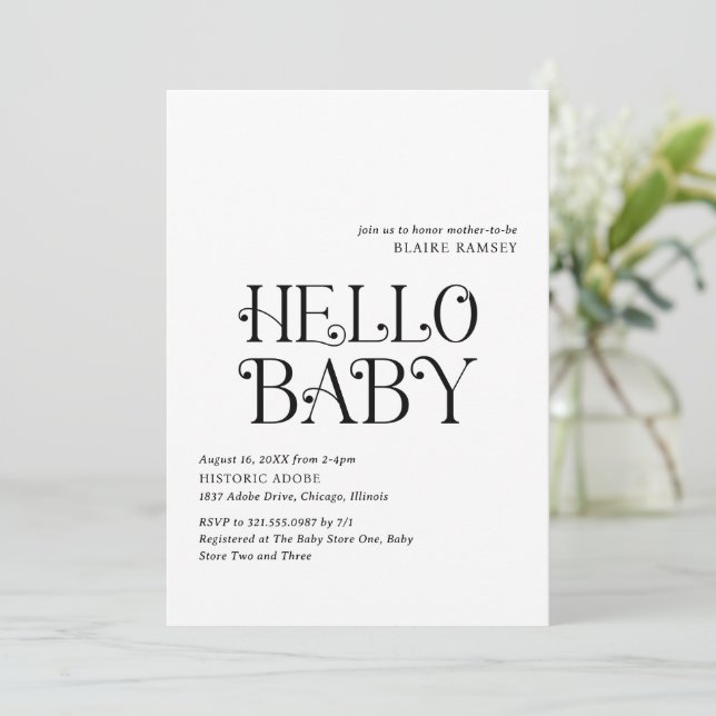 Invitación Hola bebé Black White Modern Baby Shower (Anverso de pie)
