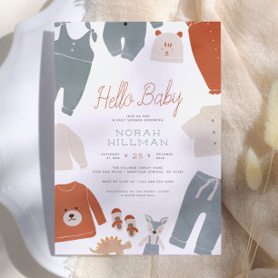 Invitación Hola, bebé   Blue Boho Clothes Boy Baby Shower