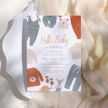 Invitación Hola, bebé | Blue Boho Clothes Boy Baby Shower<br><div class="desc">Una invitación moderna y bonita a la ducha de bebé con "Hello Baby" en letras de escritura terracota y los detalles de tu ducha en una tipografía simple. La decoración está muy lograda, con ropas de bebé de colores neutros en azul pastel, crema y naranja de óxido. La ropa incluye...</div>